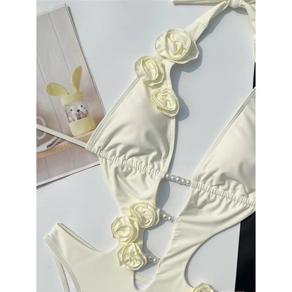 Damen Badeanzug 3D-Blumen tiefer V-Ausschnitt hoher Beinausschnitt Monokini rosa-rot