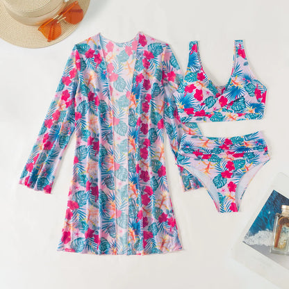 Damen-Bikini-Set mit hohem Bund und Print – dreiteiliges Badeanzug-Set für Strand und Pool