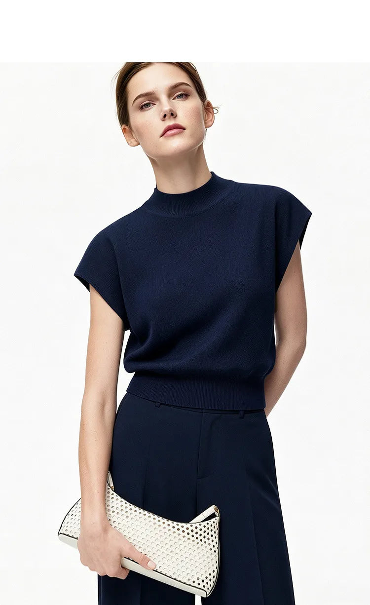 Damen-Strickpullover mit Stehkragen, kurzen Ärmeln und schmaler Crop-Passform, dunkel