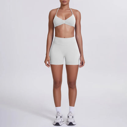 Damen-Yoga-Set: nahtloser Sport-BH und High-Waist-Shorts in Weiß
