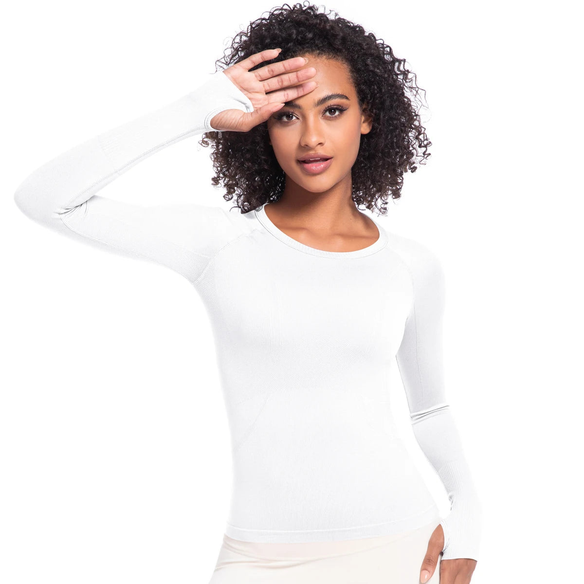 Damen-Langarm-Laufshirt, eng anliegend, Rundhalsausschnitt, weiß