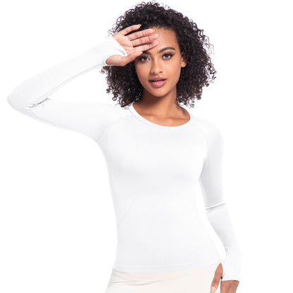 Damen-Langarm-Laufshirt, eng anliegend, Rundhalsausschnitt, weiß