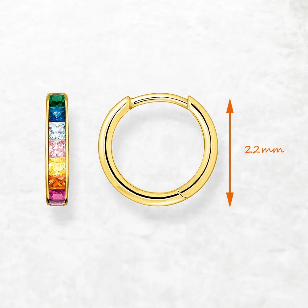 Damen-Creolen golden Scharnier Regenbogen funkelnd aus Sterlingsilber