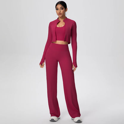 Damen Yoga-Set: langarmiges Crop-Top und weite Hose, weinrot