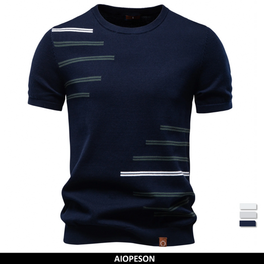Herren T-Shirt mit Rundhalsausschnitt, dunkelblau, Streifenmuster vorn