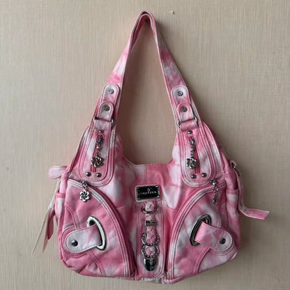 Damen-Schultertasche Mit Tie-Dye Muster Und Top-Handle Tragegriff Für Uni Und Alltag
