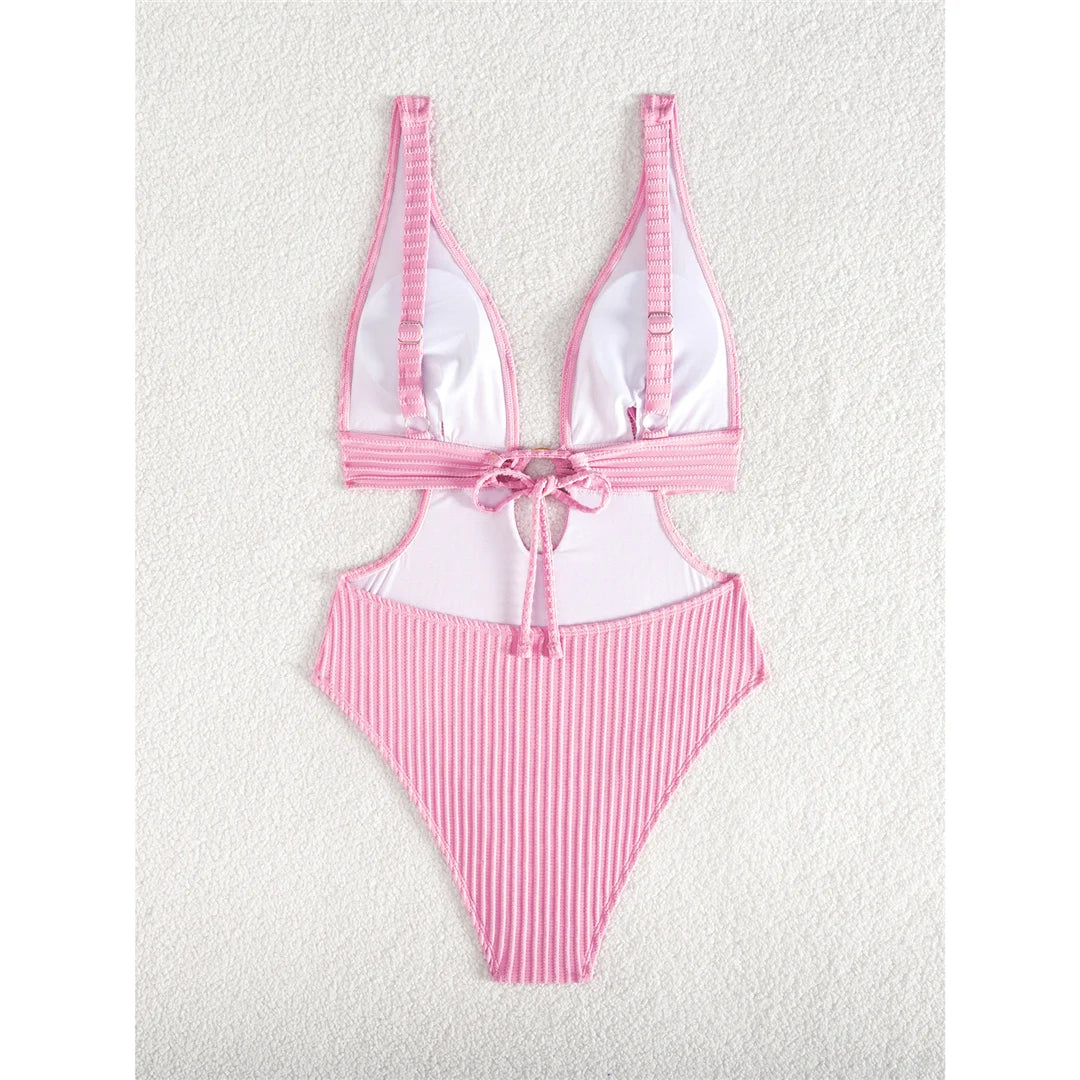 Damen Badeanzug tiefer V-Ausschnitt Cut-Out Monokini hoher Beinausschnitt 8 Farben
