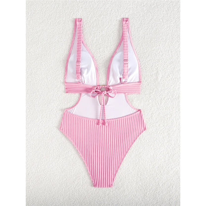 Damen Badeanzug tiefer V-Ausschnitt Cut-Out Monokini hoher Beinausschnitt 8 Farben
