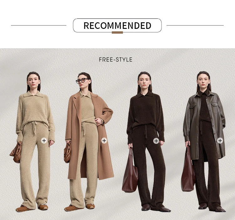 Damen-Pullover im Set-Style: mehrere Modelle in beige- und braunfarbenen Outfits