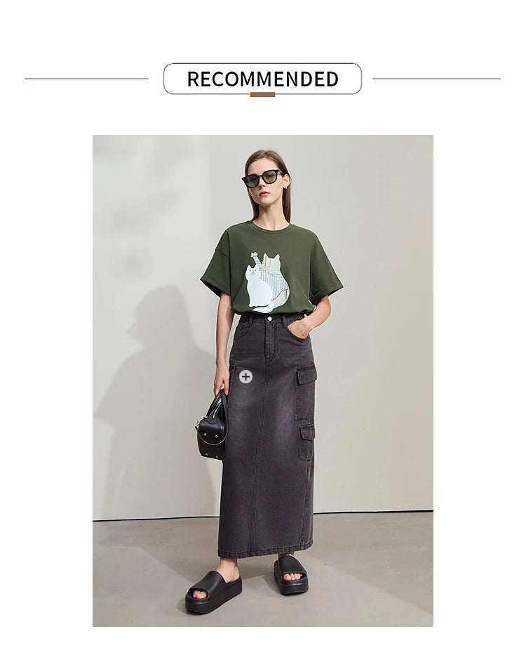 Damen Top im minimalistischen Stil mit O-Ausschnitt und bedrucktem Design