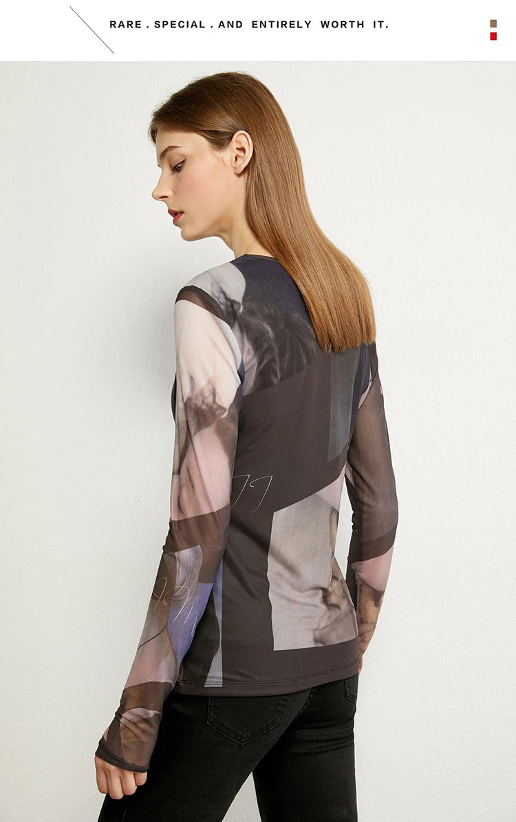 Damen Langarm-T-Shirt im Minimalismus-Stil mit trendigem Netzdruck