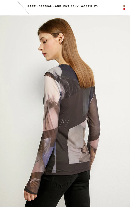 Damen Langarm-T-Shirt im Minimalismus-Stil mit trendigem Netzdruck