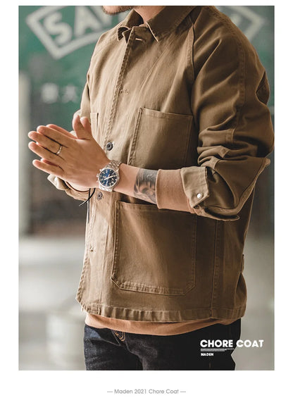 Herren Mantel aus schwerem Twill mit vier Taschen im Khaki-Farbton