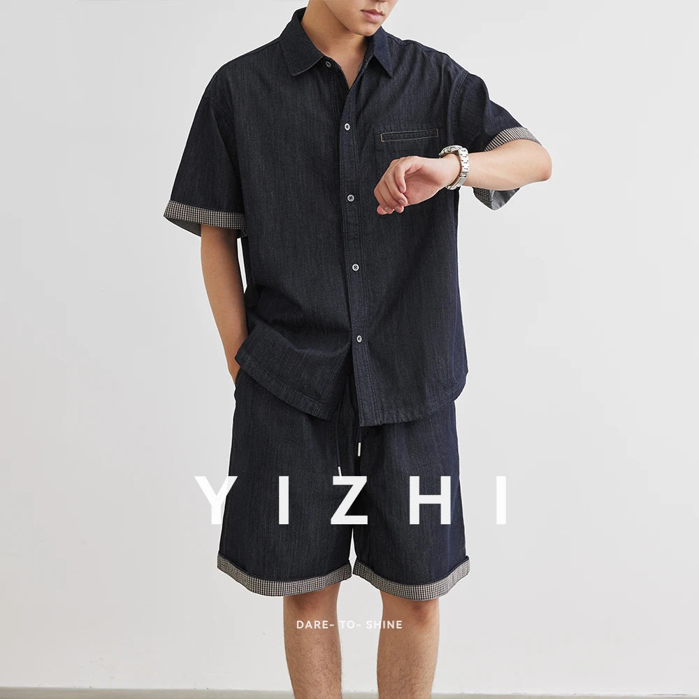 Männer Denim Anzug mit Revers Kurzarm Shirt und Shorts im Casual-Stil