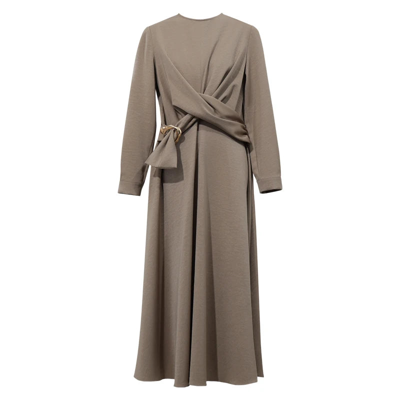 Elegantes Damenkleid Aus Satin Mit Langarm Und D Ring Gürtel Für Freizeit