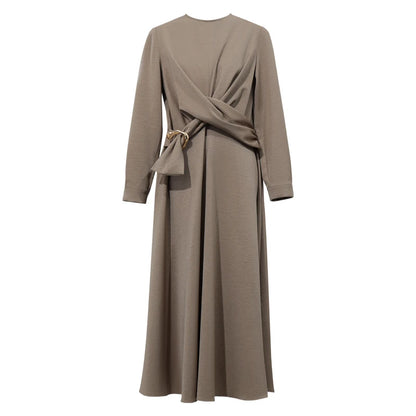 Elegantes Damenkleid Aus Satin Mit Langarm Und D Ring Gürtel Für Freizeit