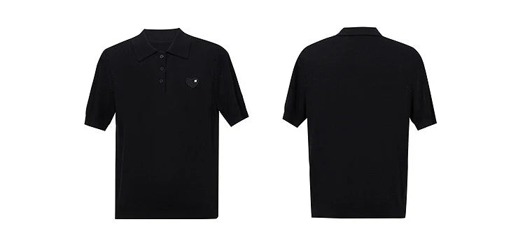 Schwarzer Polo-Strickpullover, Vorder- und Rückansicht