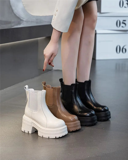 Damen-Chelsea-Boots, weiß und braun, mit Plateau-Blockabsatz