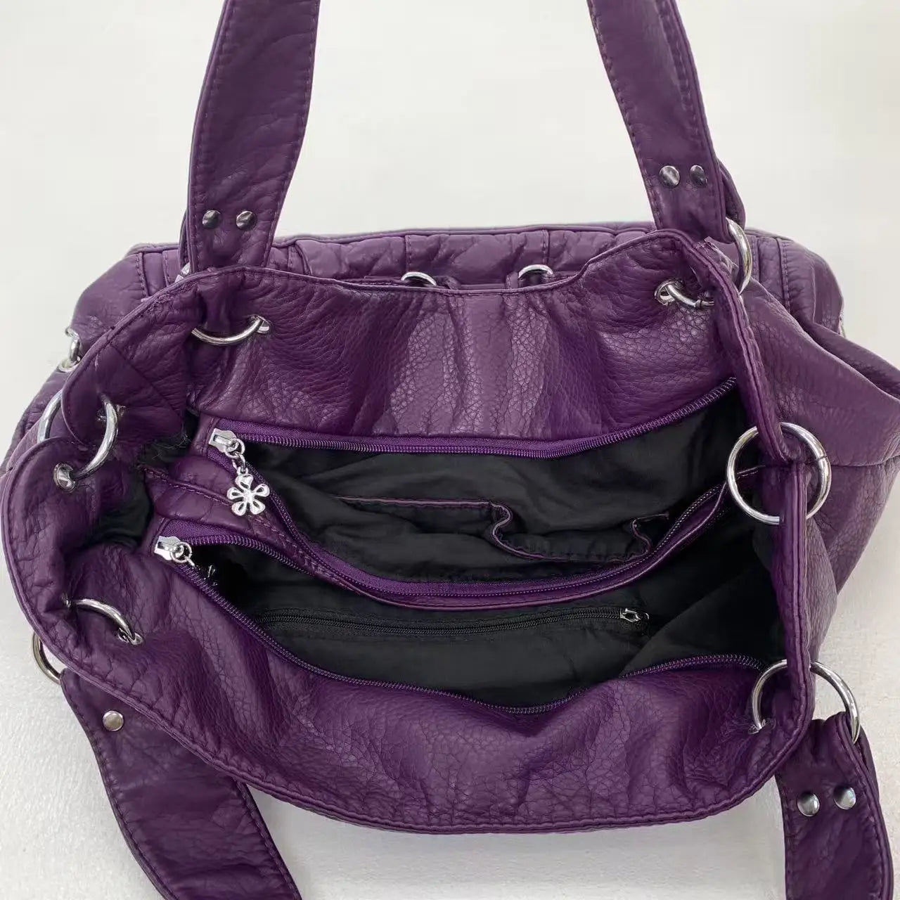 Damen-Vintage-Schultertasche Große Schwarze Mit Top-Griff Und Mehreren Fächern Für Viel Stauraum