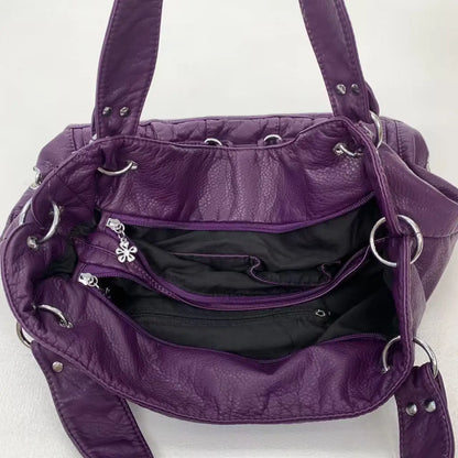Damen-Vintage-Schultertasche Große Schwarze Mit Top-Griff Und Mehreren Fächern Für Viel Stauraum