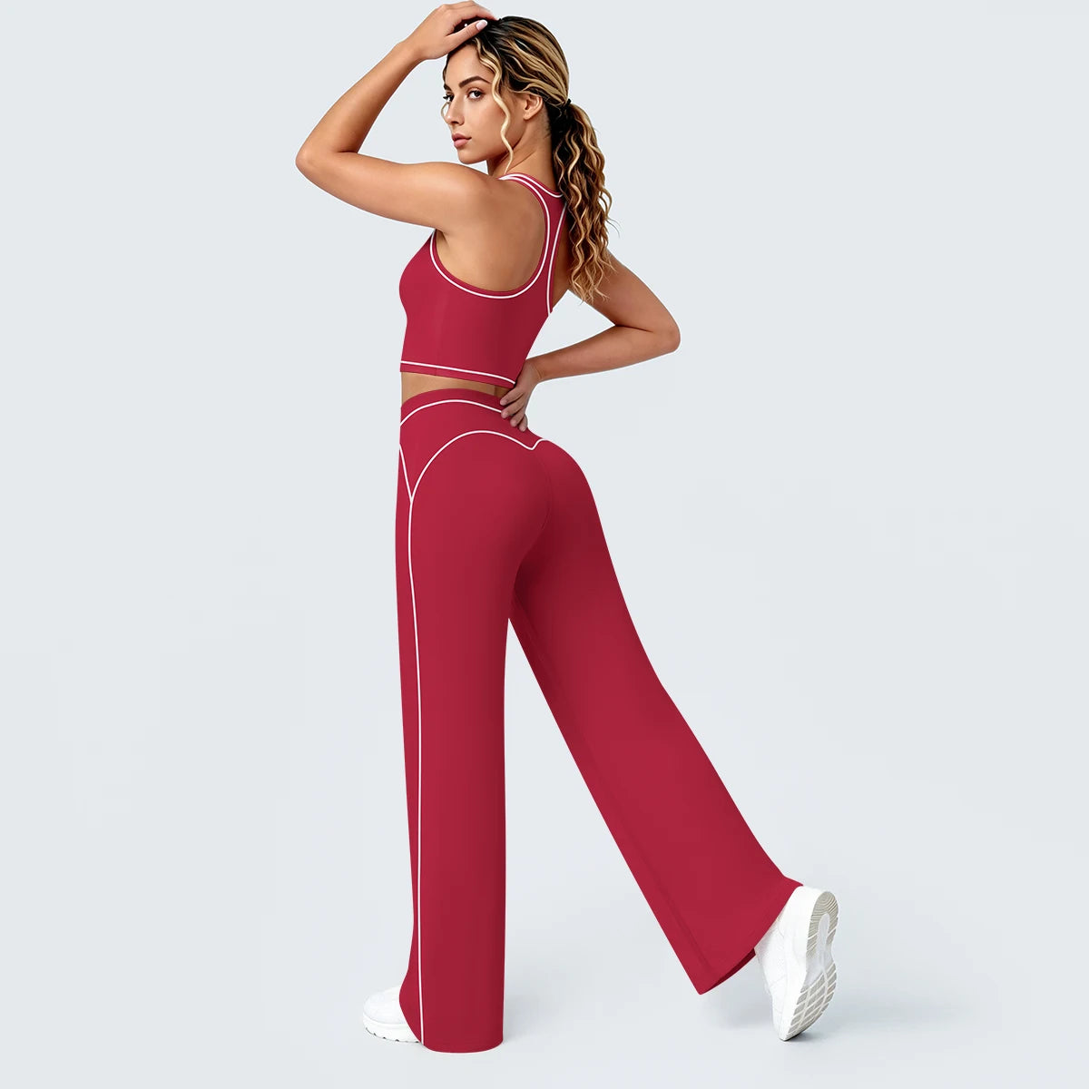 Yoga-Set Damen: I-Rücken-Top und weite Hose, weinrot mit hellen Zierlinien