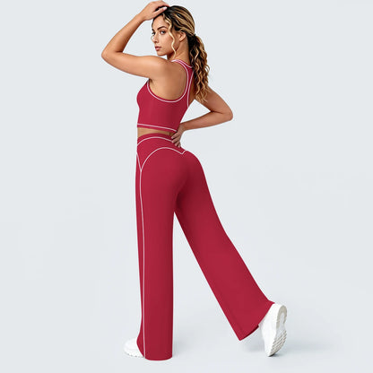 Yoga-Set Damen: I-Rücken-Top und weite Hose, weinrot mit hellen Zierlinien