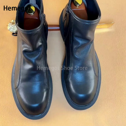 Mens Chelsea Boots Side Zipper Thick Bottom Leather Ankle Boots Luxury Design Male Footwear Round Toe Short Boots Autumn Winter