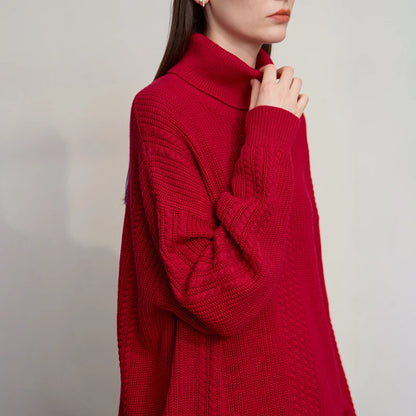 Damen-Rollkragenpullover Wolle lang locker Retro Winter