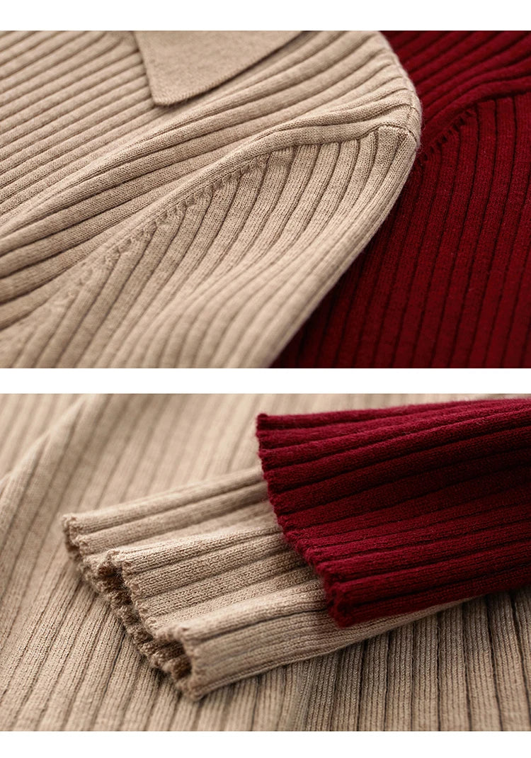 Rippstrick-Stoff in Beige und Rot, gebündelte Pullover-Optik