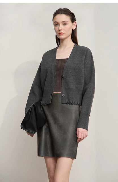 Damen-Strickjacke V-Ausschnitt kurz Quaste locker Langarm Herbst