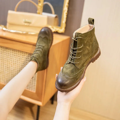 Damen-Ankle-Boots in dunkelgrünem Wildleder mit Schnürung und kurzem Futter