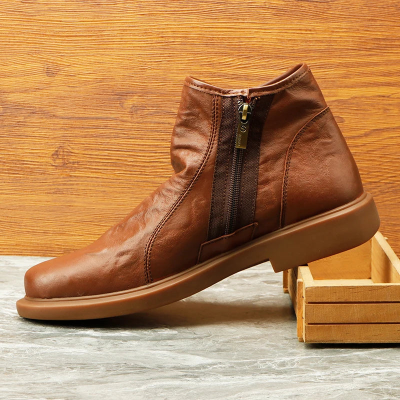Herren-High-Top-Stiefelette aus Leder, braun, seitlicher Reißverschluss, flache Sohle