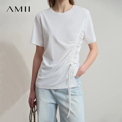 Damen Sommer T-Shirt mit Rundhals und Kordelzug in lässiger Form
