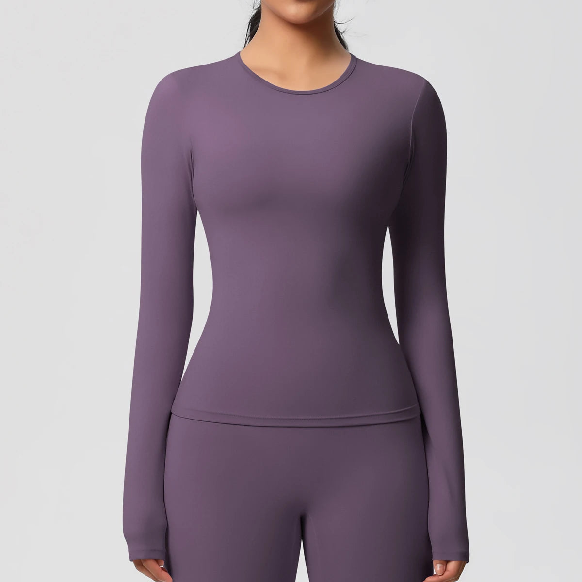 Damen-Langarm-Workout-Top, enganliegend, violett, Rundhalsausschnitt
