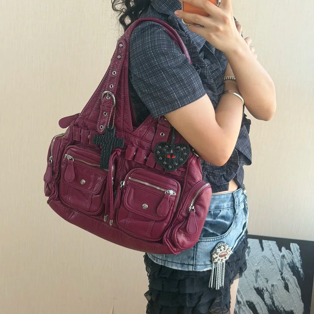 Damen-Handtasche Weinrot Aus PU Mit Reißverschluss Und Innenfach Und Handyfach Im Satchel-Stil