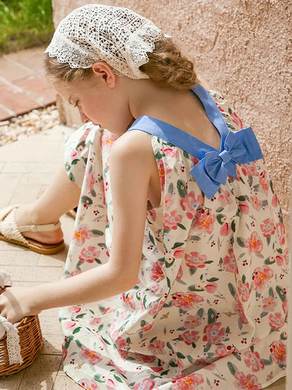Sommerkleid für Mädchen aus 100% Baumwolle mit kurzen Ärmeln und niedlichem blauen Blumenmuster – geeignet für Kinder von 3 bis 14 Jahren (110cm-170cm)