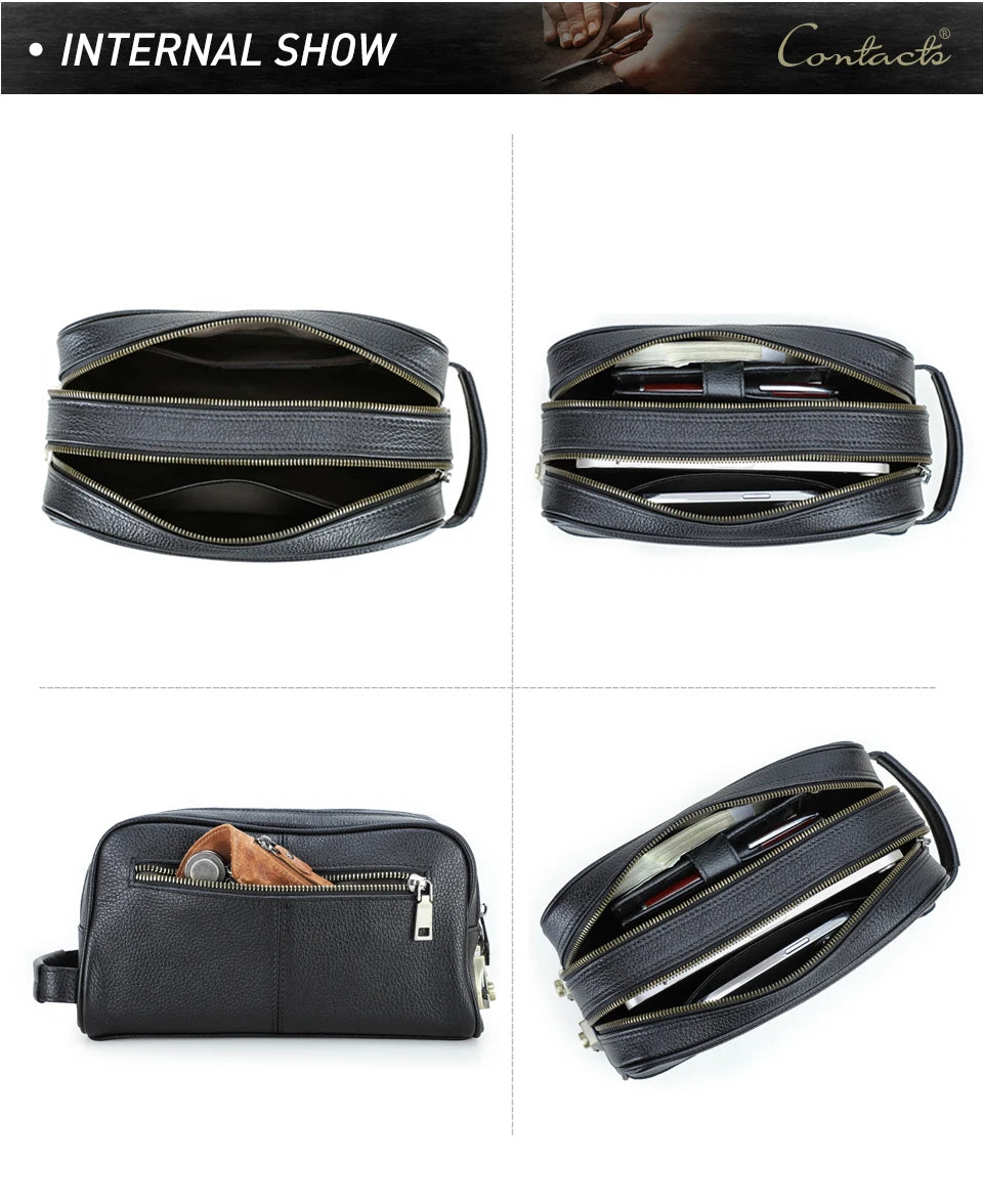 Schwarze Herren-Clutch aus Leder im Seiten- und Draufsicht mit durchgehendem Reißverschluss