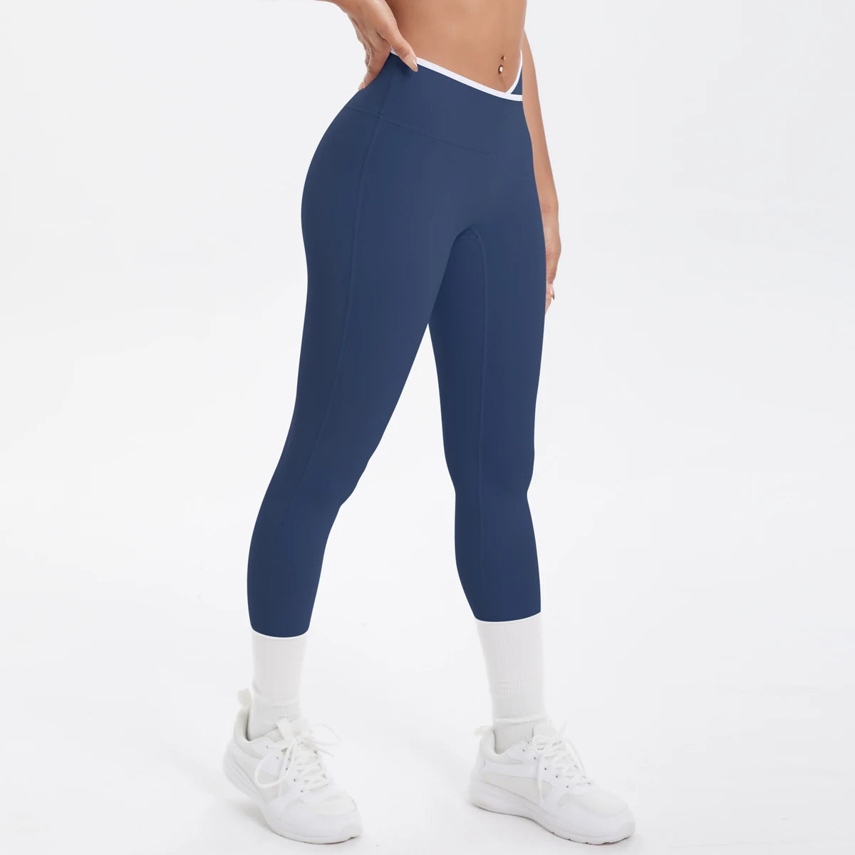 Damen-Yoga-Leggings, hohe Taille, dunkelblau, 3/4 Länge mit weißen Saumeinsätzen