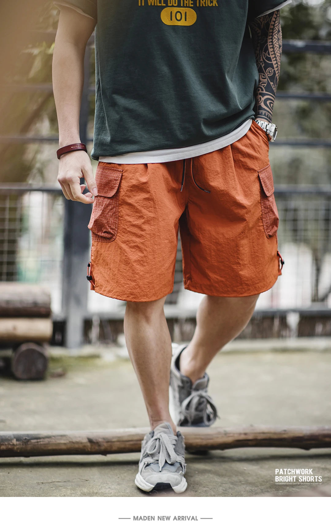 Männer Sommer Shorts aus leichtem Patchwork mit elastischer Taille in orange