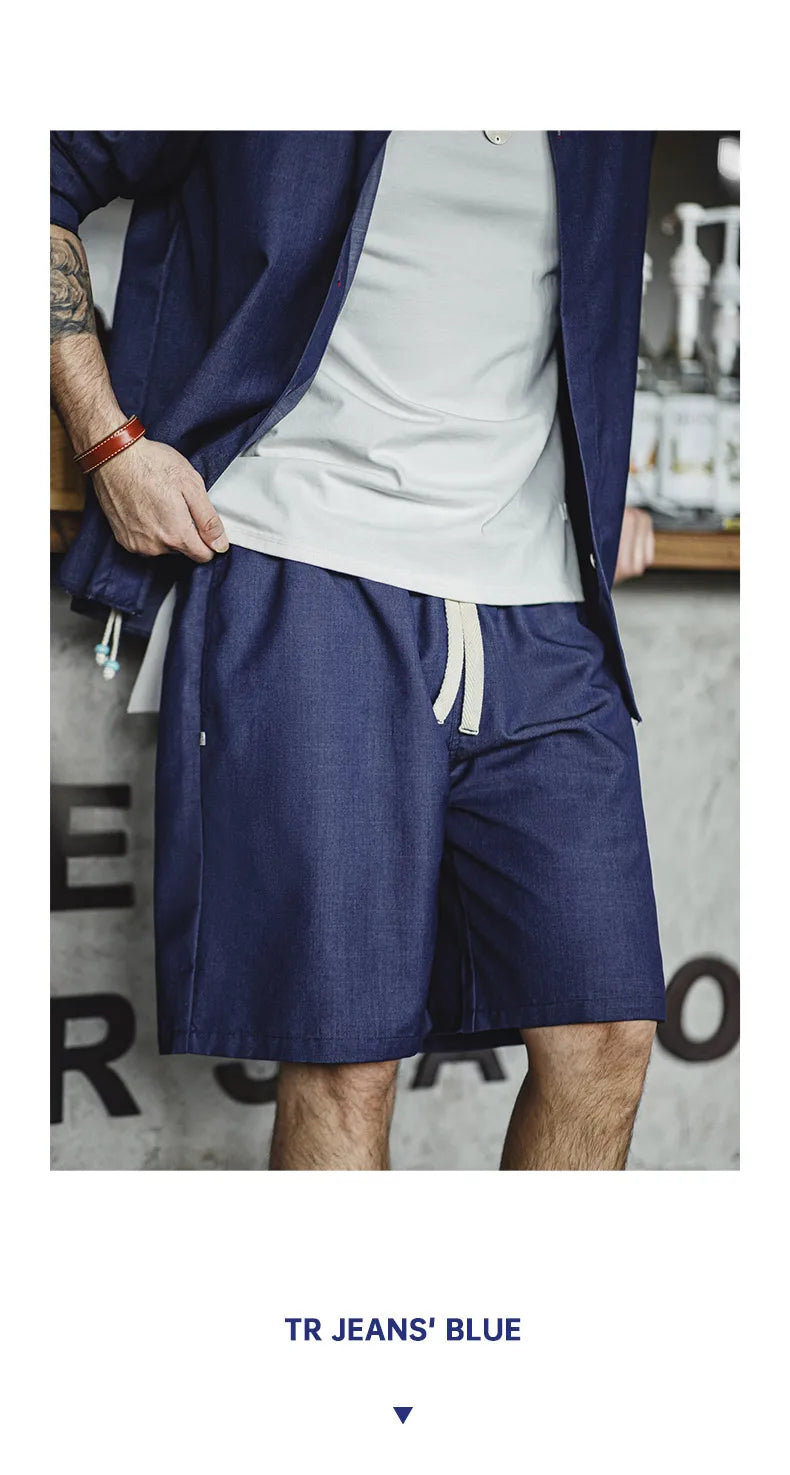 Herren Shorts im Retro-Stil aus gewaschenem Denim mit elastischem Bund und Kordelzug
