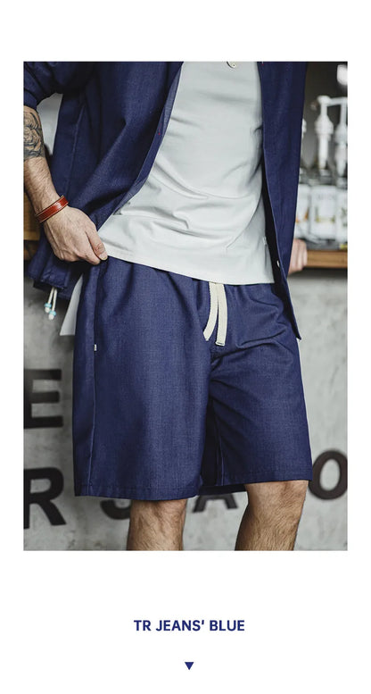 Herren Shorts im Retro-Stil aus gewaschenem Denim mit elastischem Bund und Kordelzug