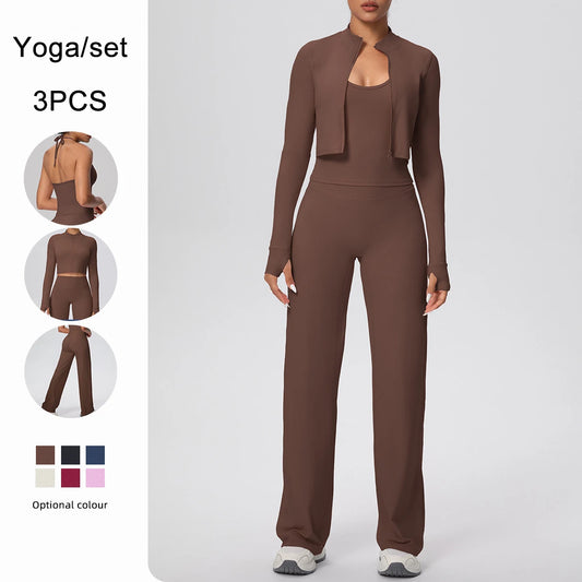 Sportset für Damen: Jacke, Tanktop und weite Hose, braun