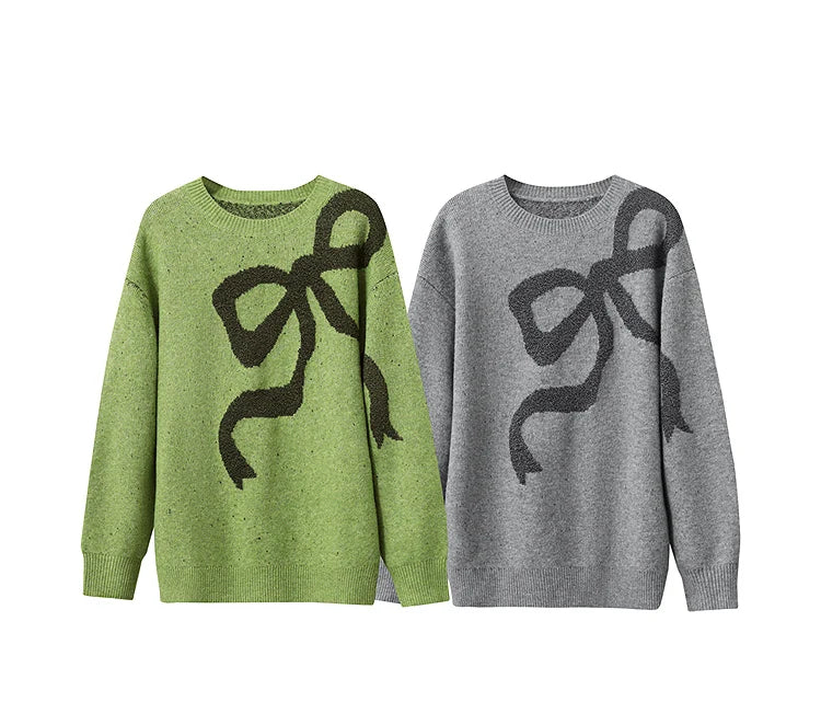 Damenpullover mit Schleifen-Jacquard, Grün und Grau, Rundhals, Langarm