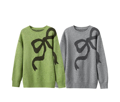 Damenpullover mit Schleifen-Jacquard, Grün und Grau, Rundhals, Langarm