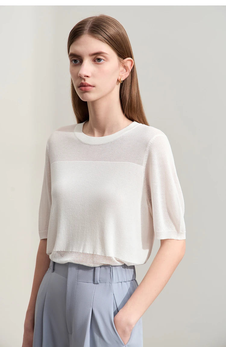 Damen-Strickpullover mit O-Ausschnitt, kurzarm, beigetone Kontraststreifen vorne