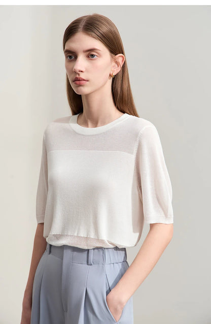 Damen-Strickpullover mit O-Ausschnitt, kurzarm, beigetone Kontraststreifen vorne
