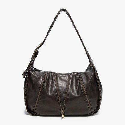 Damen-Hobo-Handtasche Vintage-Stil aus weichem Kunstleder mit geflochtenem Tragegurt und Mehrfach-Reißverschlussfächern