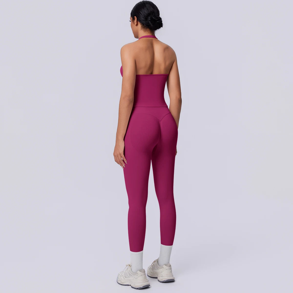 Nahtloses Yoga-Set für Damen, ärmelloses Top und Capri-Leggings in Beerenrot