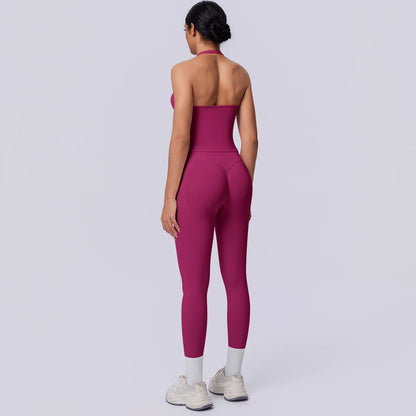 Nahtloses Yoga-Set für Damen, ärmelloses Top und Capri-Leggings in Beerenrot