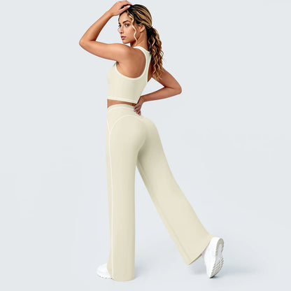 Yoga-Set Damen: I-Rücken-Top und weite Hose, hellgelb mit hellen Zierlinien